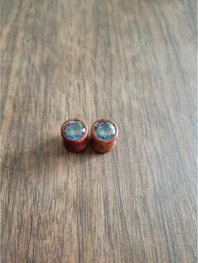 Pair of Wooden Ear Gauges with Iridescent Gemstone Inlay